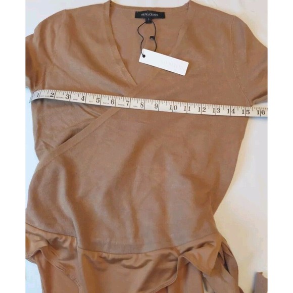 Olivaceous Lt Brown Soft Faux Wrap Bodysuit V Neck L Tie Lightweight Sweater - Picture 4 of 8